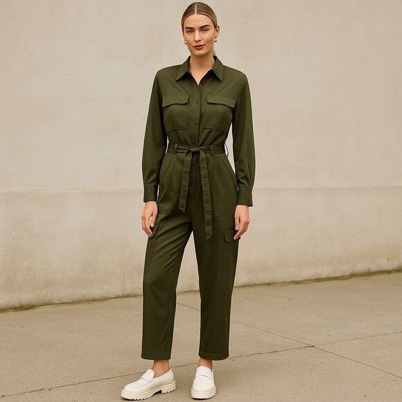 Scoop Olive Green Utility Flight Suit Jumpsuit LS Belted Cargo Pocket Medium - Picture 1 of 9